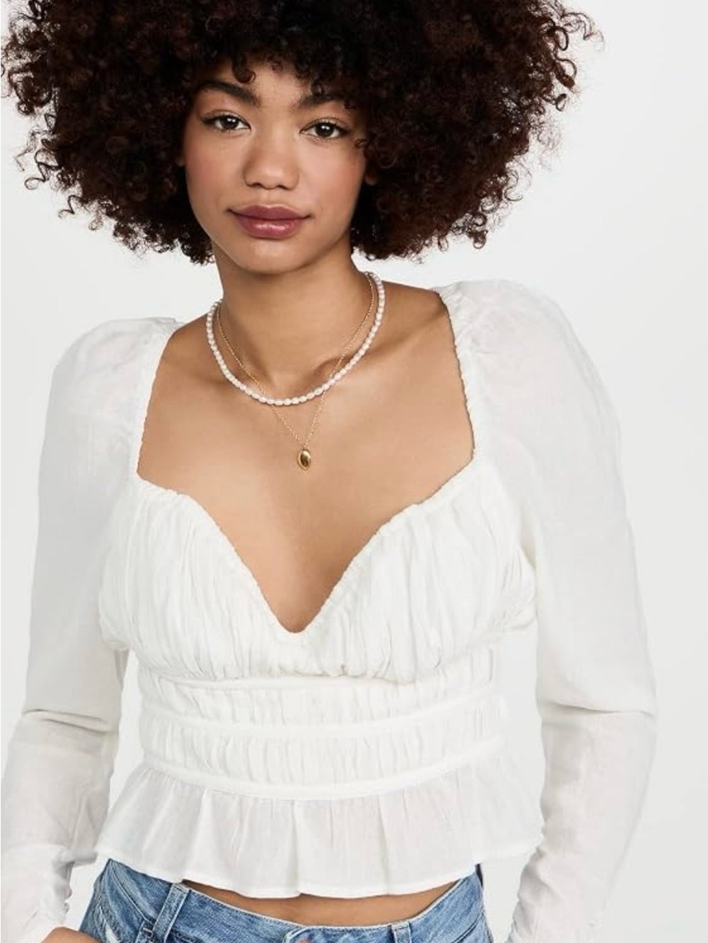 Free People White Peasant-Style Sweetheart Neck Blouse